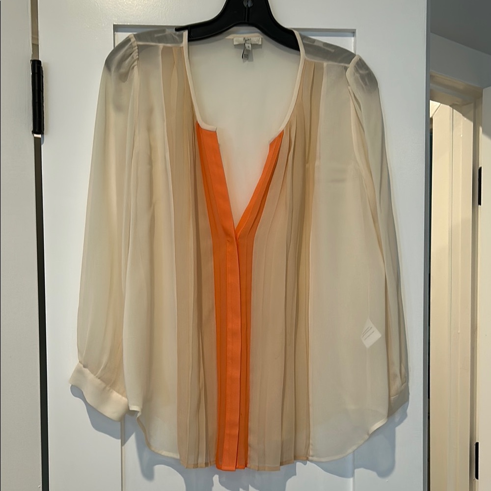Joie Cream Sheer Blouse with Orange Accent
